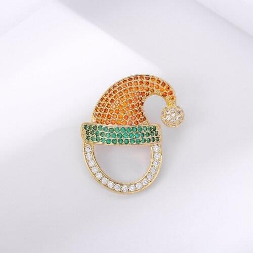 2020 Christmas Hat Brooches for Women Kids Fashion Brooch Jewelry Luxury Orange Green Zircon Stone Gold Pins Gift broche femme