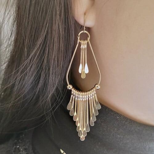 Temperament Extra Long Tassel Drop Dangle Earrings Statement Fashion Glossy Golden Alloy Teardrop Women Earrings Jewelry