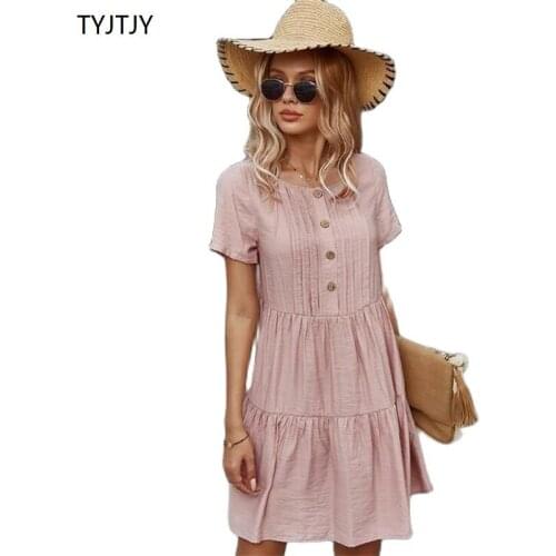 Spring New Solid Short Dress Women 2021 Casual O Neck Button Summer Dress Ladies Loose Short Sleeve A Line Dresses