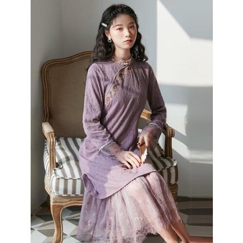The New Summer Chinese Style Retro Womens Lace Splicing Medium Long Dress Artistic Embroidery Thin Cheongsam Dress