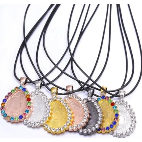 1/2/5pcs 18x25mm Water Droplets Colorful Brick Zircon Cabochon Tray Bezel With 45mm Leather Rope Necklace DIY Jewelry Making