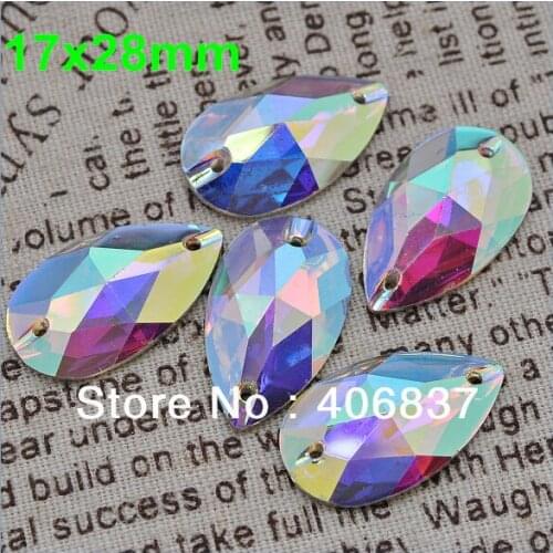 AAAA+20~100pcs/Lot, 17*28mm Crystal AB sew on teardrop flatback resin sew on Rhinestones Beads