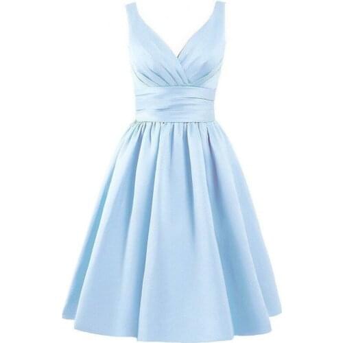 Light Blue Homecoming Dresses V-Neck Sleeveless Pleat Prom Gowns Satin A-Line Mini Backless Graduation Gowns Party Dresses