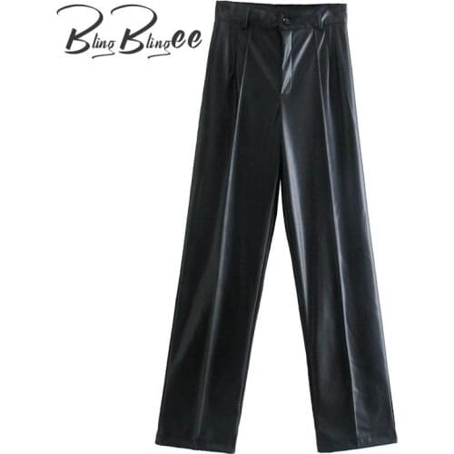 BlingBlingee Za 2021 Autumn Woman Traf Trousers Button Front Straight Leg Casual Long Pants High Waist Faux PU Leather Pants