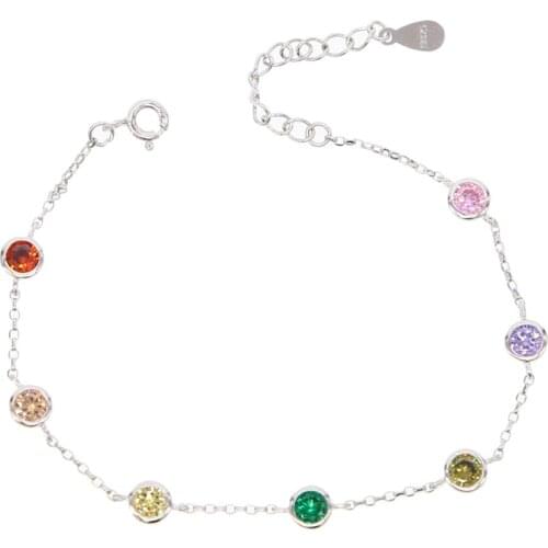 Fashion 925 Sterling Silver Bezel Rainbow CZ Bracelet with Tiny Link Station Chain Lobster Clasp Rose Gold Color Wedding Jewelry