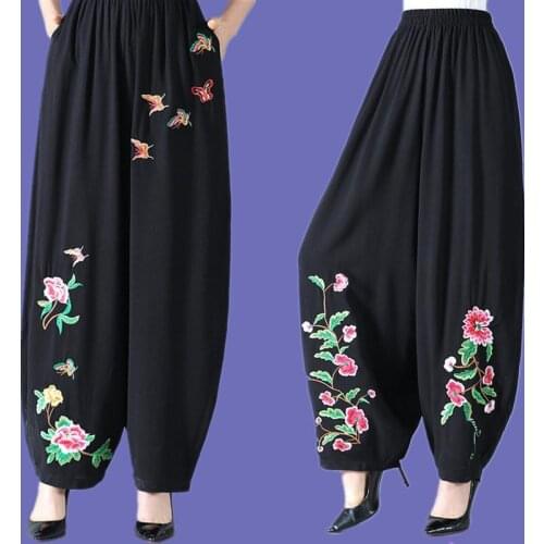 Pants Women Casual Embroidery Print Embroidery Cotton Linen Trousers Elastic High Waist Wide Leg Pants Streetwear 2021 Y972