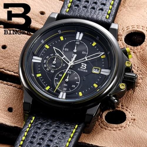 BINGER Mens Watches Top Luxury Brand Waterproof Sport Wrist Watch Chronograph Quartz Military Genuine Leather Relogio Masculino