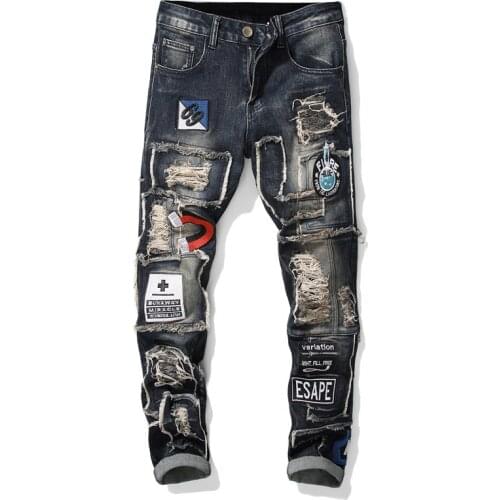 Mens Hole Patchwork Jeans Trendy Patches Design Blue Ripped Distressed Stretch Denim Pants Multi Badge Slim Fit Dropshipping