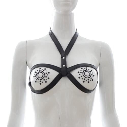 Erotic Breast Leather Bondage Harness Strap of Women Sexy Alluring Bra Cage with Nipple Clamp Exotic Accessory for Fetish Bdsm
