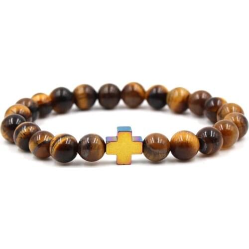 8MM Tigers Eye Stone Buddha Prayer Beads Bracelet Metal Cross Charms Balance Bead Stretch Yoga Bracelet Jewelry