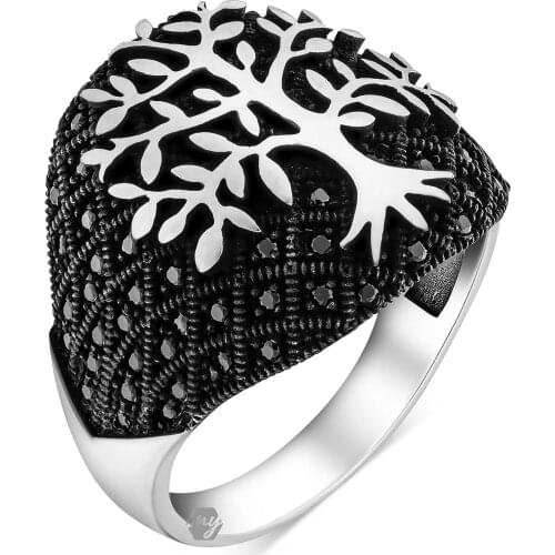 Solid 925 Sterling Silver Black Micro Stone Life of Tree Mens Ring
