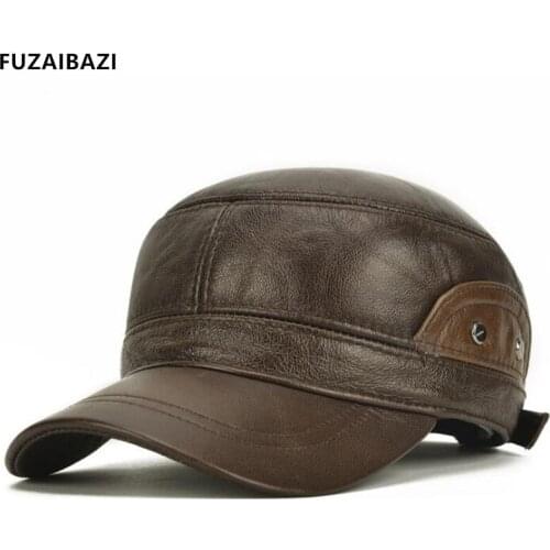 FUZAIBAZI New Middle-Aged Genuine Leather Military Cap Mens Fashion Winter Outdoor Flat Caps Cowhide Adjustable Size Warm Hat