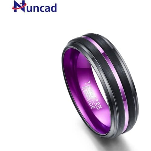 Nuncad 7-12 8MM Galvanized Black Matte Finish Purple Grooved Step Small Bevel Tungsten Carbide Mens Ring Wedding Jewelry Male