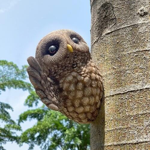 Resin Owl Tree Hugger Whimsical Garden Peeker Small Decor Statues