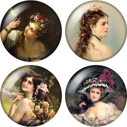 Vintage Lady Girls Retro Oil paintings 12mm/16mm/18mm/25mm Round photo glass cabochon demo flat back Making findings