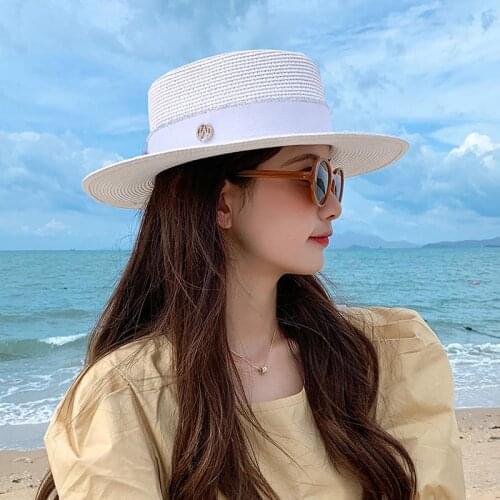 High Quality Summer Elegant Retro Women Flat Top Straw Hat Wide Brim Panama Sun Hat Pearl Rhinestone Breathable Travel Beach Cap