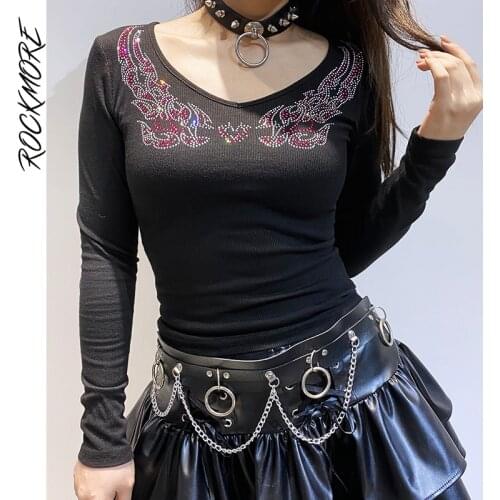 Rockmore Rhinestone Print Top Long Sleeve T Shirt Women Black V-Neck Tee y2k Streetwear Slim Basic T-Shirt 90s Vintage Grunge