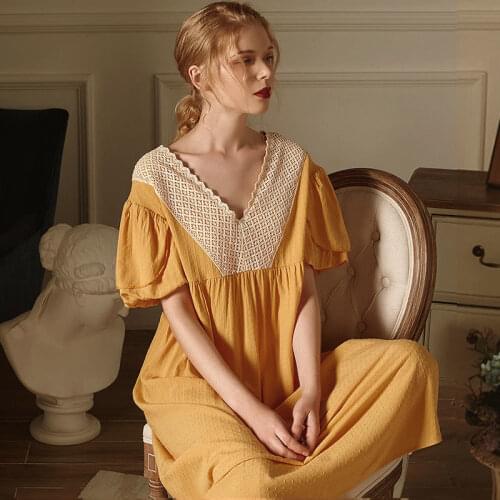 3 Colors Womens Sleepwear Ginger V Neck Sleepshirts.Vintage Ladies Girls Loose Princess Nightgowns Royal Nightdress Nightie