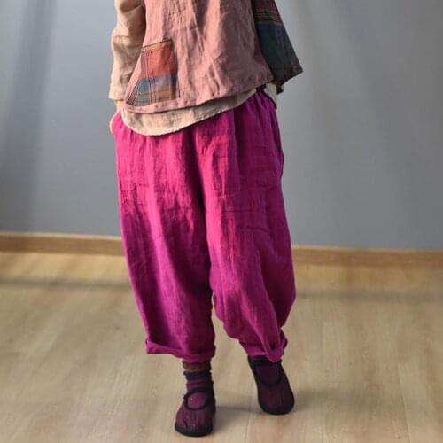 Johnature Vintage Linen Wide Leg Pants For Women 5 Color Elastic Waist Trouser 2021 New Summer Pockets Female Pants