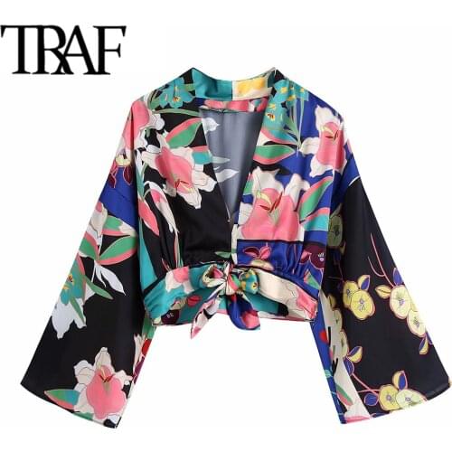 TRAF Women Fashion With Knot Floral Print Crop Blouses Vintage Three Quarter Sleeve Side Zipper Female Shirts Chic Tops