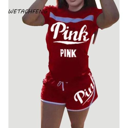 Womens Casual Tops And Shorts Two Piece Sets PINK Letter Printed Tracksuits Summer Loungewear Red Plus Size Sportswear Clothing