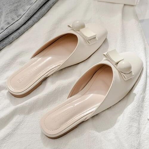 2021 Buckle Square Toe Slip on Women Flats Slides Mules Shoes Fashion Summer Outdoor Casual Solid Color Shallow Ladies Slippers