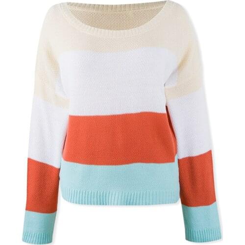 Neatie kiddie Fashion OL Casual Color Stripe Patchwork Long Sleeve Sweater Women Autumn Winter Clothing Loose Knitted Pullovers