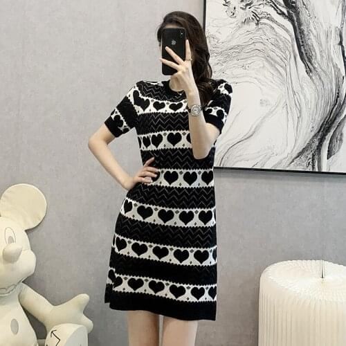 Knitted Sweater Dress Women Summer Fashion Jacquard A Line High Waist Hepburn Style Knitted Dresses Vestidos JoursNeige