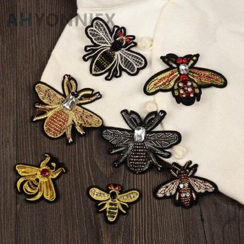 AHYONNIEX Brand 5pcs/lot Bees Rhinestones bead patches sew on handmade beading applique for clothes shoes bags DIY patch