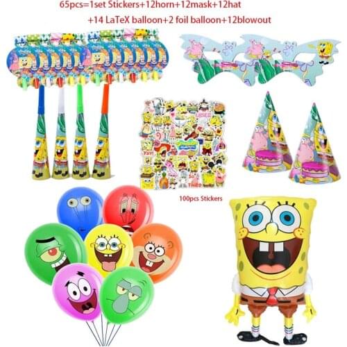 65pcs Sponge-Bob Birthday Party Supplies Kid Gift Sticker Cartoon Balloon Celebration Disposable Tableware Boy Faovr Party Decor