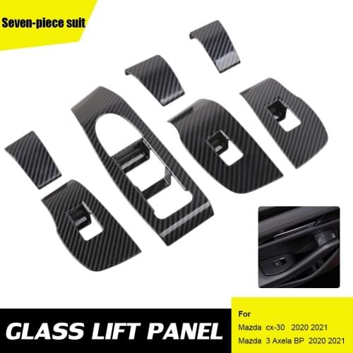 7pcs Car Door Window Lift Switch Panel Cover Carbon Fiber Black Power Window Button Sticker for Mazda CX30 3 Axela BP 2020 2021