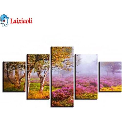 5 Pieces Lavender Flowers Scenery 5d Diamond Painting Nature Cross Stitch Diamond Embroidery Tree Landscape Home Decor Handmade