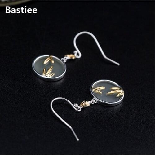Bastiee Jade Round Drop Earrings 925 Sterling Silver Jewelry For Women Dangle Earings Bamboo Chinese Vintage Jewellery