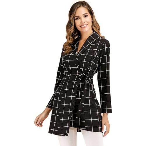 Thin Spring Autumn Women Blazers Long Sleeve High Waist Midi Notched Casual Jacket Women Tops Plaid Blazer Feminino TA3216