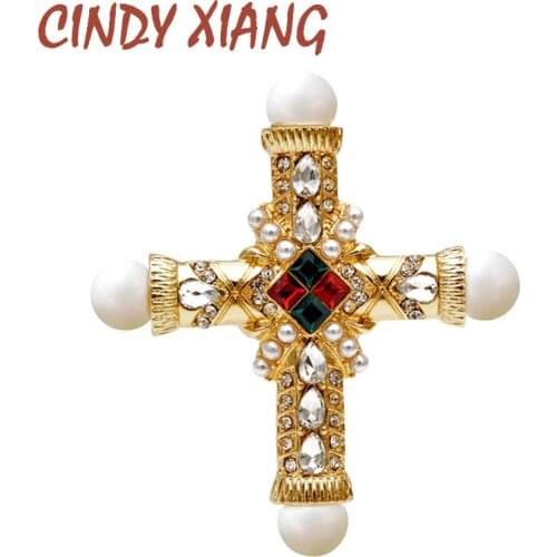 CINDY XIANG new arrival pearl rhinestone baroque cross brooch women and men unisex brooches pin fashion vintage gold color gift