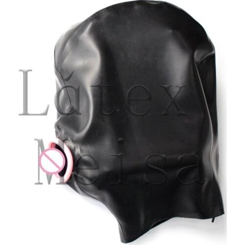 Made of 0.6mm heavy natural & flexible black latex bondage hood open mouth including penis with back zipper decorations