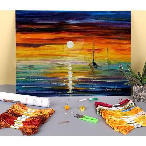 Oil Painting Style Night Sea Printed 11CT Cross Stitch Set Embroidery DMC Threads Sewing Handiwork Painting Hobby Needle