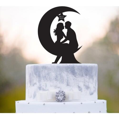Moon wedding cake topper, Bride and Groom with date silhouette cake topper,Mr and Mrs Wedding Decor Supplies,unique topper