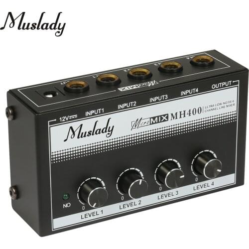 Muslady MH400 Ultra Low-Noise 4-Channel Line Mixer Mini Audio Mixer with 1/4-inch TS Input&Output Volume Control for Guitar Bass