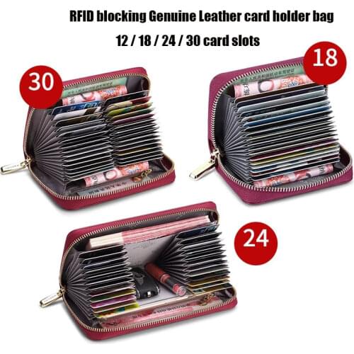 Fashion Men Women Long Zipper Business Card Holder Genuine Leather Credit Card Holder RFID Blocking Clutch Bag ID Package