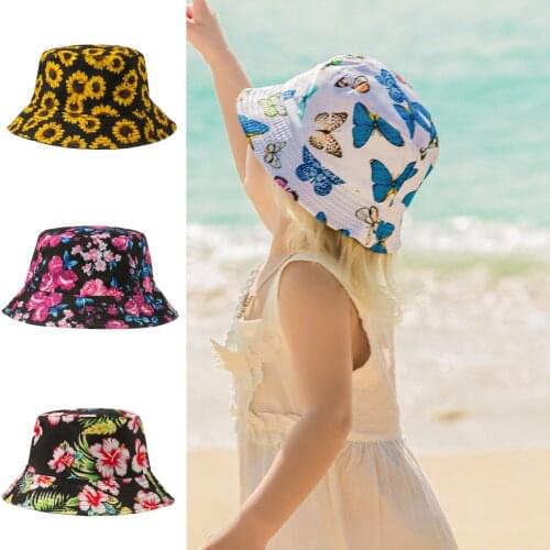2021 New Summer Kids Sun Hat Boys Cap Children Panama Unisex Beach Girls Bucket Hats Cartoon Butterfly Flower Caps