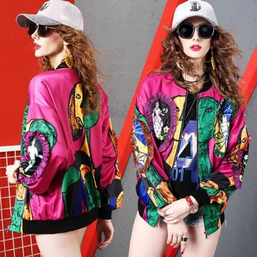 Autumn Spring Women Baseball Jacket Casual Loose Zipper Sequin Bright Black Bomber Jacket Female Cartoon Pattern Top Coat Woman