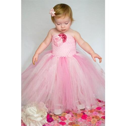 Girls Pink Crochet Tutu Dress Kids Fluffy 2Layers Corset Tulle Tutus Ball Gown with Satin Flowers Children Wedding Party Dresses