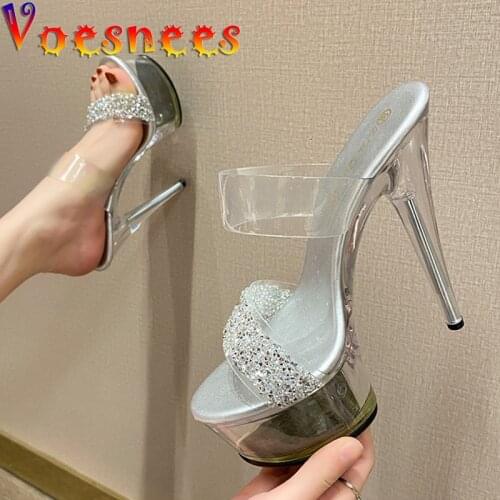 Slippers Women Sexy Waterproof Platform PVC Transparent Sandals Fashion Sequined Cloth Summer Elegant Stiletto 15cm High Heels