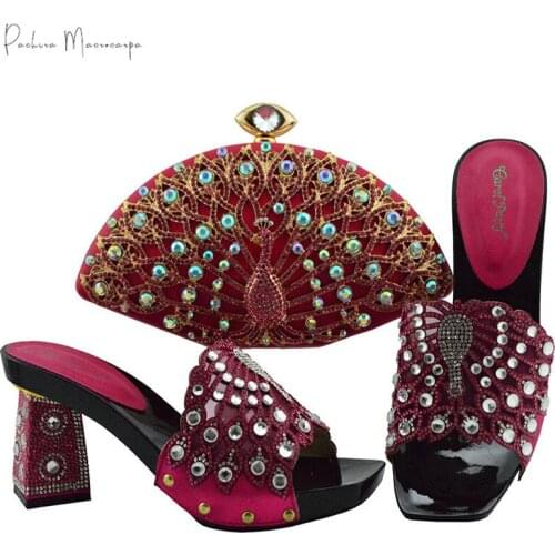 African Fashion Italian Design Nigerian Party Fuchsia Color Ladies Shoes and Bag Set With Special Peacock Crystal Decoration