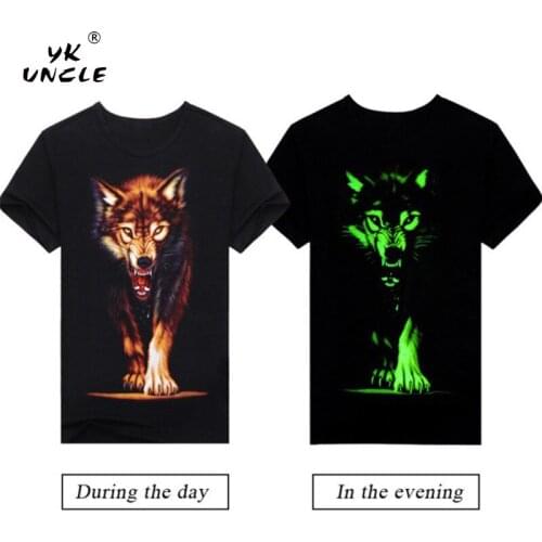 YK UNCLE Funny Fluorescent T Shirt Men Animal Wolf 3D Pattern Luminous In Night Short Sleeved Tee Shirts Glow In Dark Black Tops