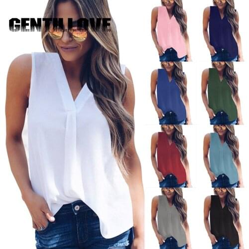 Gentillove V-Neck Solid Color Women Chiffon Blouse Summer Elegant Sleeveless Tops Tunic Office Lady Loose Shirts Sexy Tanks