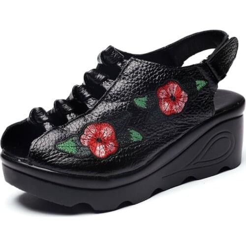 Genuine Leather Sandals for Women 2020 New Retro Casual Summer Platform Sandals Womens Wedges High Heel Shoes