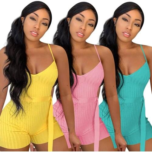 Sexy Sling Knitted Short Jumpsuit with Satin Sashes Women V Neck Backless Playsuit Casual Elegant One Pieces Outfit for Summer