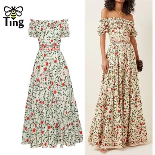 Tingfly Women Floral Slash Neck Ruched Puff Short Sleeve High Waist Summer Long Dresses Vintage Female Party Dresses Lango Robes